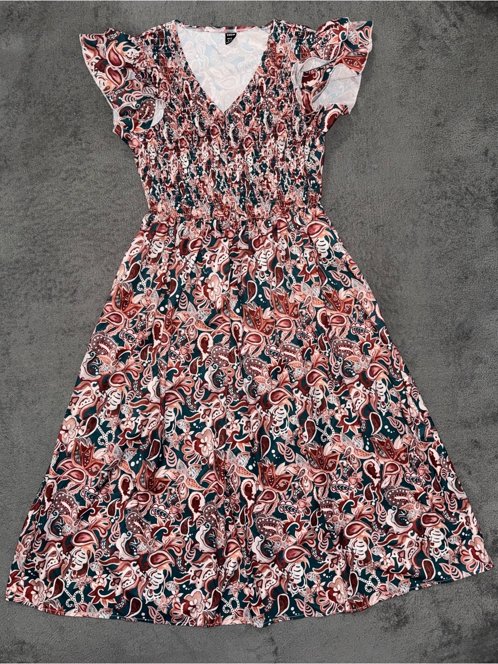 SHEIN Floral Paisley Smocked Midi Dress Size M Fall Flutter Sleeve
